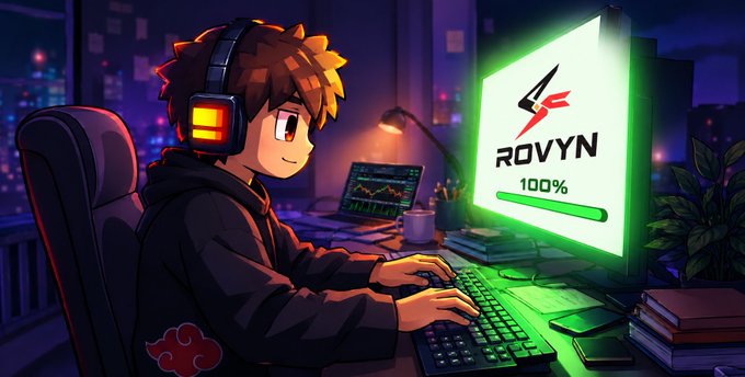 An anime-style illustration shows a brown-haired character wearing headphones, typing at a keyboard in a dimly lit room while a glowing monitor displays a logo with a rocket and the text 'ROVYN 100%'.