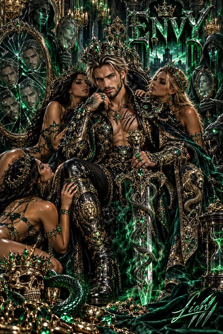 A detailed, dark fantasy digital illustration featuring a crowned man flanked by two women, surrounded by green ethereal energy, skulls, snakes, and mirrors reflecting ghostly figures, with the word "ENVY" displayed at the top.