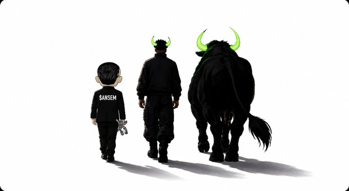 Two figures in black outfits with green horns walk alongside a large black bull, with the smaller figure's jacket displaying "SANSEM." The image visually reinforces the bullish $ANSEM token promotion by pairing the brand name with a horned bull symbolizing potential growth.