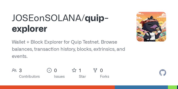 The image features a poster for Joseon Solana's Quip network, which is an open source blockchain explorer designed to help users discover new blockchains by testing them with Quip Testnets. The poster includes information about the Quip network, its purpose, and how it can be used to find new blockchains. It also contains a small image of Joseon Solana, who is the creator of the Quip network.