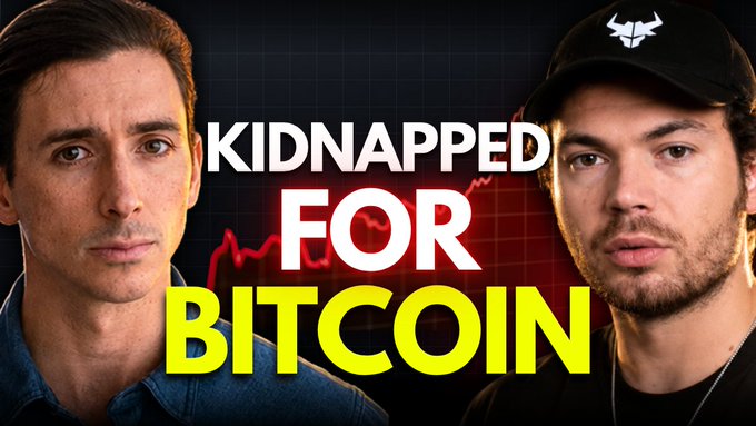 This image features text that reads "KIDNAPPED FOR BITCOIN" with a red stock graph in the background, likely depicting the dire situation discussed in the post. The image visually reinforces the theme of the broadcast about France's Bitcoin challenges.