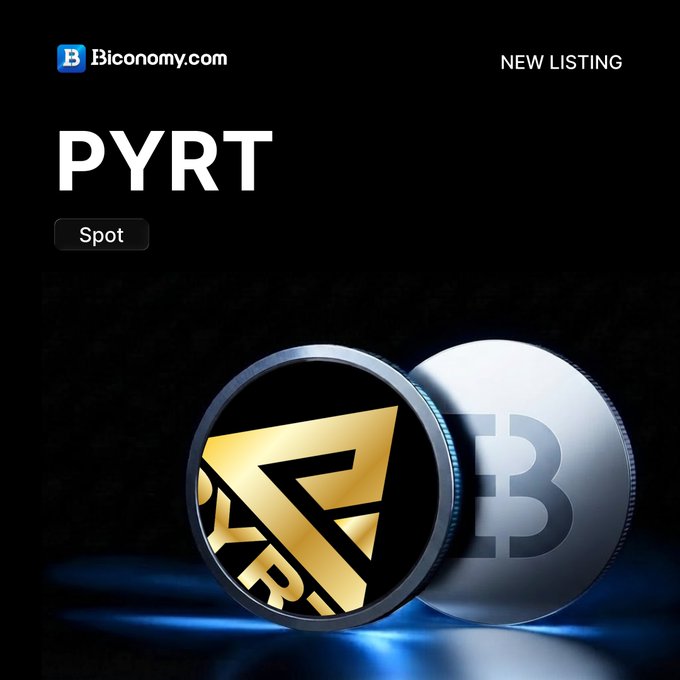 A promotional graphic for a new cryptocurrency listing on Biconomy.com, displaying the ticker "PYRT" with the word "Spot" underneath.