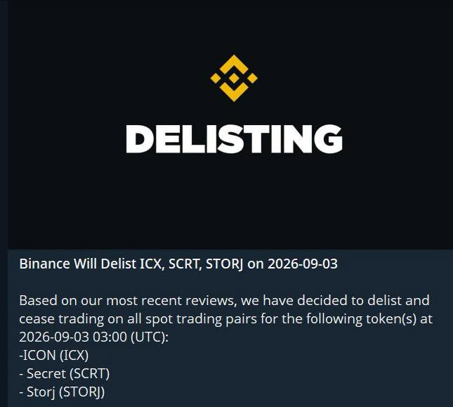 A Binance announcement announces the delisting of ICON (ICX), Secret (SCRT), and Storj (STORJ) on 2026-09-03.