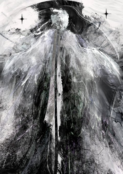 A monochromatic, gothic-style illustration of a ghostly cloaked figure with a faintly visible skull face and two star-shaped marks in the upper corners.