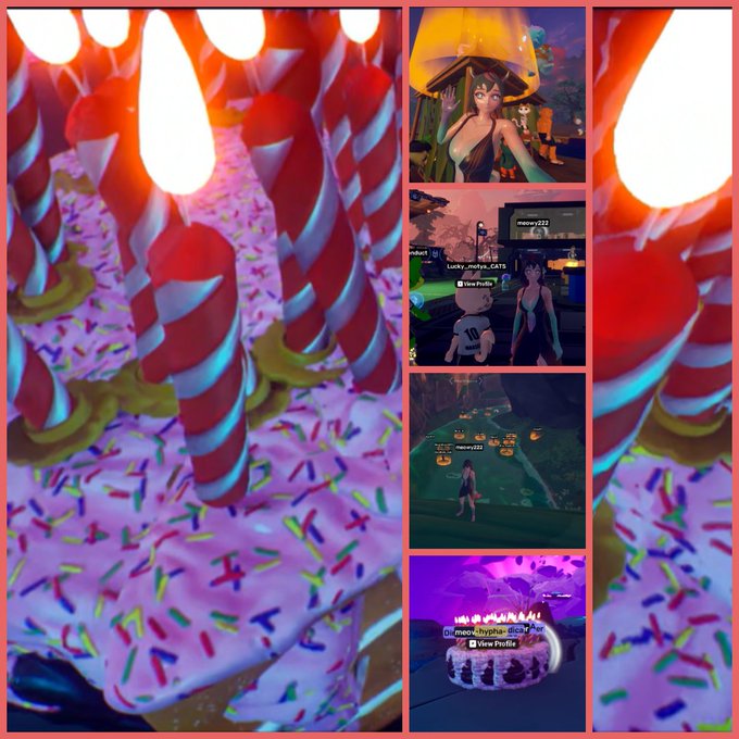 A split-screen composition features a close-up of a pink cake with lit red-and-white striped candles on the left, and four smaller gameplay screenshots from a video game on the right.