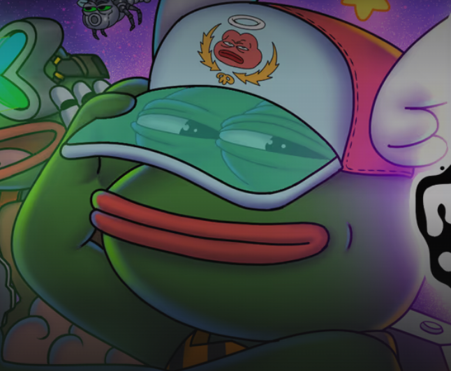 A cartoon green frog character wearing a hat with an angry face logo and red lips, styled like Pepe the Frog.