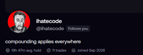 The image shows a profile card for user "ihatecode" (@ihatecodee) who follows the viewer, with a stats bar indicating a 19h 47m average hold time, 11 trades, and a join date of Sep 2026. The bio reads "compounding apples everywhere," and the accompanying post references this profile as a referral link, suggesting the user is promoting a signup offer through ihatecodee's account.