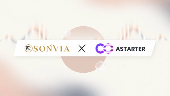 A collaboration graphic featuring logos for 'SONVIA' and 'COASTARTER' separated by an 'X' on a light background with soundwave patterns.
