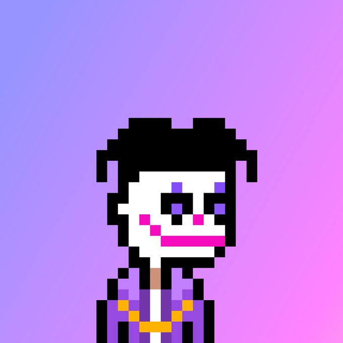 A pixel art portrait of a figure with black hair, white face, pink cheeks, and purple clothing against a purple-to-pink gradient background.