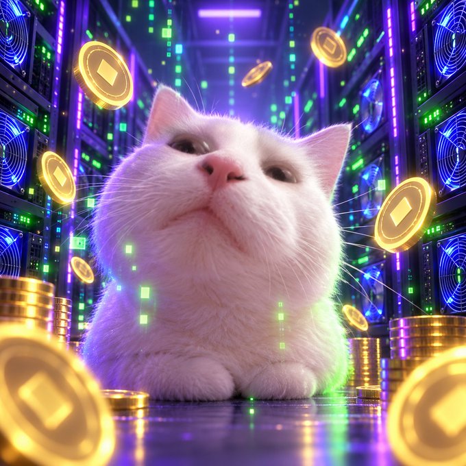 A fluffy white cat sits in a server room surrounded by glowing golden coins and stacks of gold, with vibrant blue and green neon lighting illuminating the scene.