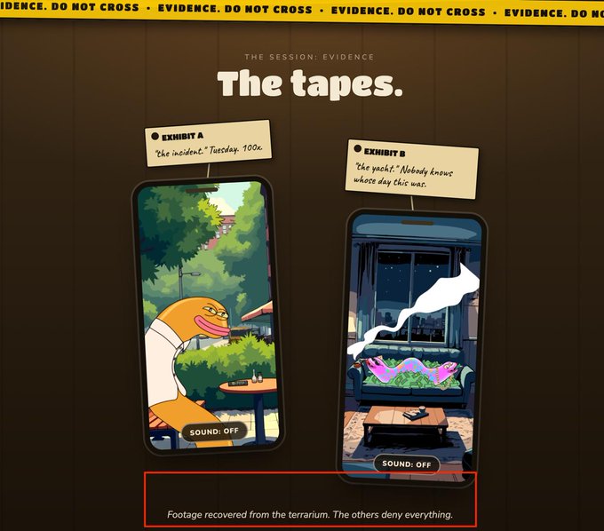 The image shows a webpage titled "The tapes." displaying two smartphone mockups labeled "EXHIBIT A" and "EXHIBIT B" above yellow "EVIDENCE. DO NOT CROSS" tape, with a caption reading "Footage recovered from the terrarium. The others deny everything." Exhibit A shows a duck-like character in a park with the note "the incident." Tuesday. 100x," while Exhibit B shows a figure on a couch in a dark room with the note "the pack." Nobody knows whose dog this was.