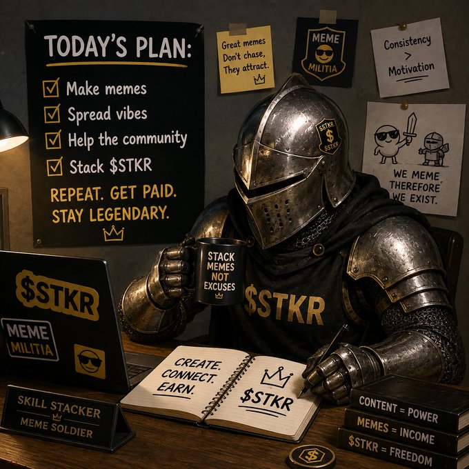 An AI-generated meme image features a knight in armor sitting at a desk with motivational signs referencing '$TKR' and 'MEME MILITIA', with text like 'TODAY'S PLAN' and 'STACK MEMES NOT EXCUSES'.