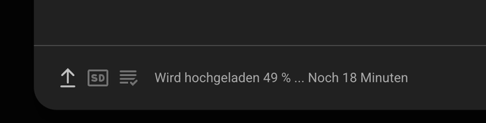 A YouTube upload progress notification reading "Wird hochgeladen 49 % ... Noch 18 Minuten" (49% uploaded... 18 minutes remaining), indicating the slow upload of the BTC analysis video referenced in the post.