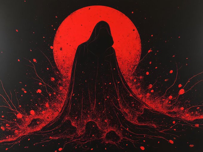 A dark hooded figure stands silhouetted against a large red moon, surrounded by floating red particles and root-like tendrils.