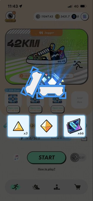 A mobile game screenshot showing a 'Jogger' event with 42KM distance, displaying rewards of orange and crystal fragments and a prominent 'START' button.