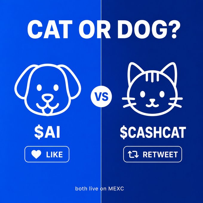 The image is a blue graphic asking "CAT OR DOG?" with a dog labeled "$AI" (Like) on the left versus a cat labeled "$CASHCAT" (Retweet) on the right, noting "both live on MEXC." The accompanying post frames these as the biggest animal coins on Robinhood Chain, with the graphic playfully encouraging users to pick a side between the two.