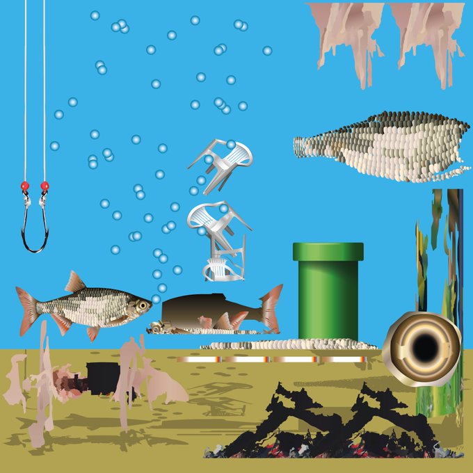 A collage-style digital artwork featuring fish, scuba diving gear, bubbles, and various abstract elements set against a blue and tan background.