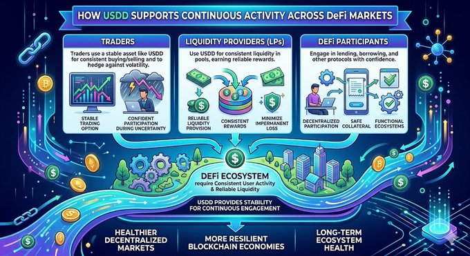 The image features a colorful illustration depicting the flow of money within a DeFi ecosystem, with various elements representing different aspects of the financial world. The main focus is on the flow of money between users and the role of stablecoins in maintaining this activity. The text at the bottom of the image states that "How USDD supports continuous activity across DeFi markets Sustainable DeFi ecosystems require consistent user activity and reliable liquidity. Stablecoins help maintain this activity by allowing users to participate confidently even during periods of uncertainty".