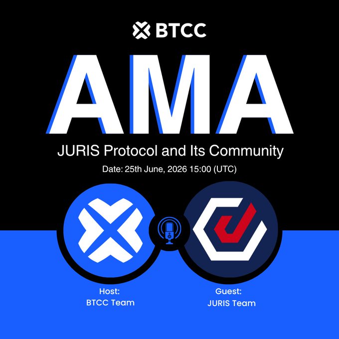 The image features a blue background with white text that reads "AMA with Juris Protocol and its Community" followed by two logos, one of which is a podcast logo for "JurisProtocol" and another is a podcast logo for "@JurisProtocol". The text also includes the names of the hosts and guests. The post appears to be promoting an event or competition related to Juris Protocols and their communities.