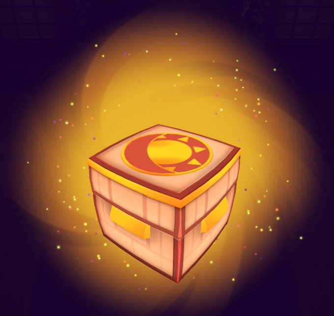 A glowing wooden treasure chest with a sun symbol on its lid sits in a dark environment surrounded by golden sparkling light and floating particles.