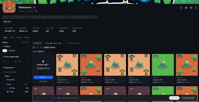 A screenshot of the Yakkamon NFT marketplace interface showing a collection of 9,092 items with total volume of 423.26K MON and floor price of 80.00 MON.
