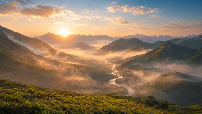 A scenic landscape photograph showing a golden sunrise over misty mountain ranges with a winding river valley, featuring lush green grass in the foreground.