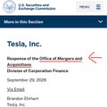 A webpage snippet showing a U.S. Securities and Exchange Commission filing for Tesla, Inc., with a red arrow pointing to the header 'Response of the Office of Mergers and Acquisitions'.