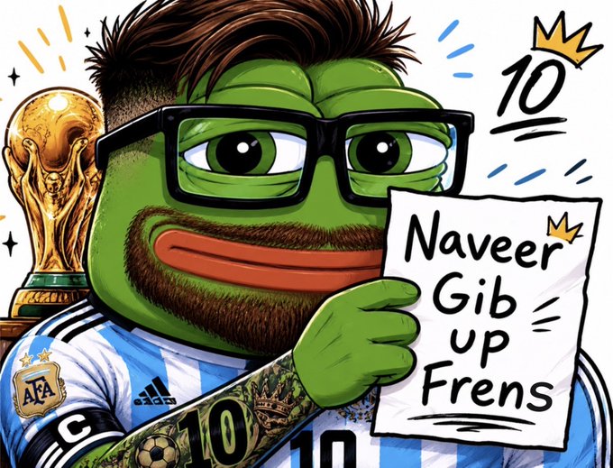 A Pepe the Frog caricature wearing glasses and an Argentina soccer jersey, holding a sign that reads "Naveer Gib up Frens," accompanied by a golden World Cup trophy.