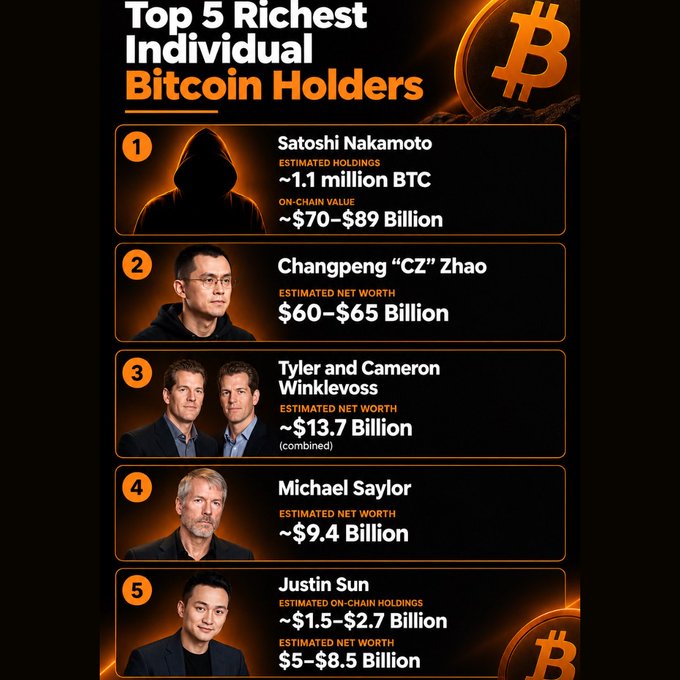 An infographic titled 'Top 5 Richest Individual Bitcoin Holders' listing Satoshi Nakamoto (1.1 million BTC), Changpeng 'CZ' Zhao ($60-$65 Billion), Tyler and Cameron Winklevoss ($13.7 Billion), Michael Saylor ($9.4 Billion), and Justin Sun ($5-$8.5 Billion).