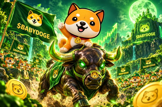 A digital illustration showing a cartoon Shiba Inu dog riding a charging bull, surrounded by '$BABYDOGE' flags and gold coins.