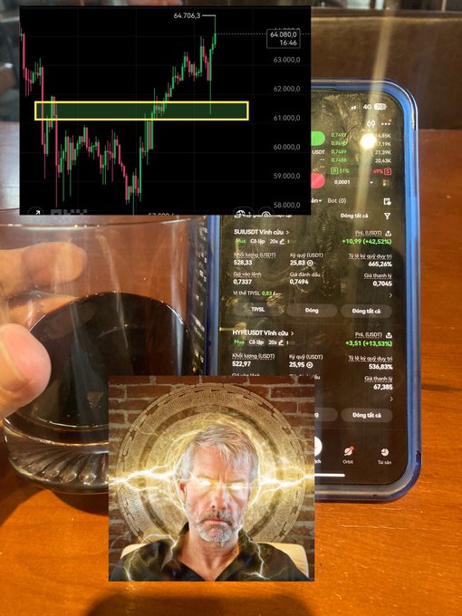 A composite image showing a candlestick stock chart (with Bitcoin at ~64,706), a smartphone displaying Vietnamese stock trading app with VnDirect and SSI values, a glass of dark liquid (possibly wine or cola), and an edited photo of a man with glowing yellow laser eyes.