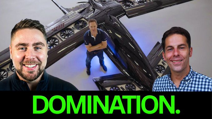 A YouTube thumbnail showing three men, with one standing in the center among computer graphics cards arranged like a tower, with the text "DOMINATION." in green at the bottom.