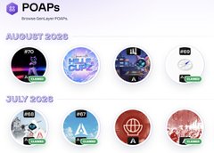 A webpage screenshot from POAPs displays a collection of digital badges or tokens organized by date, with items shown for August 2025 and July 2025.