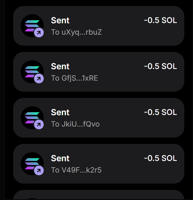 The image shows a list of Solana (SOL) token transactions, each displaying "Sent" entries of "-0.5 SOL" to various abbreviated wallet addresses. The repeated -0.5 SOL transfers appear to illustrate a wallet-to-wallet distribution pattern, likely from a crypto airdrop or giveaway where 0.5 SOL is being sent to multiple addresses, supporting the claim of distributing tokens to the first 200 wallets.