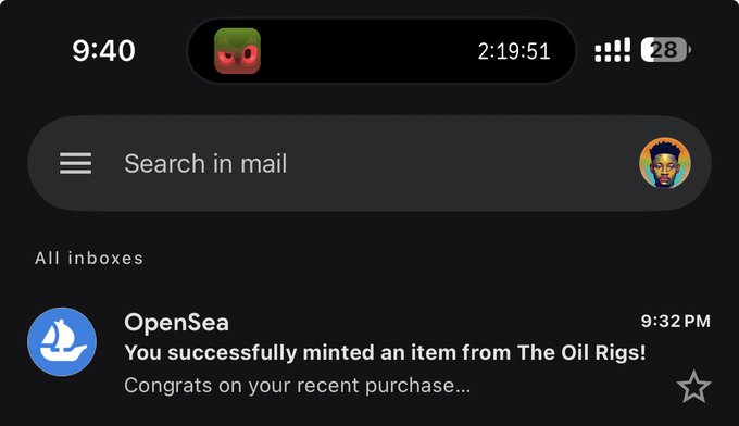 The image shows a phone notification from OpenSea at 9:32 PM stating "You successfully minted an item from The Oil Rigs! Congrats on your recent purchase…," which visually confirms the creator's celebration of not missing The Oil Rigs mint, marking it as a win ahead of their next project with @LilverseHQ.