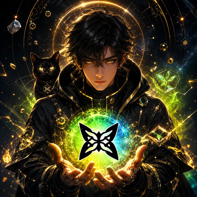 The image features a man dressed in black clothing holding a butterfly-shaped object, possibly a crystal or gemstone, with his hands outstretched as if he's about to catch it. The background of the image is dark blue, which contrasts with the bright colors and shapes present on the butterfly. There are also two cats visible in the scene - one located near the left side of the image and another closer to the center.