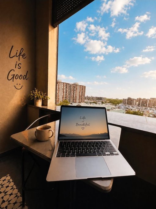 A laptop sits on a small balcony desk next to a mug, displaying 'Life is Beautiful' on its screen, with 'Life is Good' and a smiley face written on the wall beside a window overlooking a city skyline.