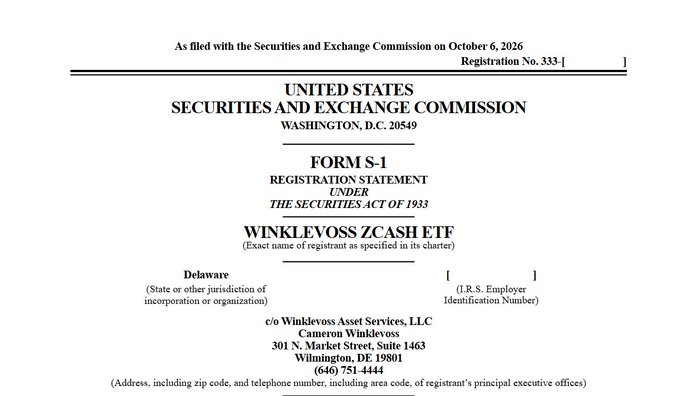 The image displays the cover page of an SEC Form S-1 Registration Statement filed by Winklevoss Zcash ETF, with registration number 333-[blank], dated October 6, 2026, and c/o Winklevoss Asset Services, LLC in Wilmington, Delaware. This filing corresponds to the post announcing the Winklevoss twins' spot Zcash ETF (ticker WINK) proposal, with Gemini custodying ZEC at a 0.25% fee and a nonbinding bid of up to $100M in shares.