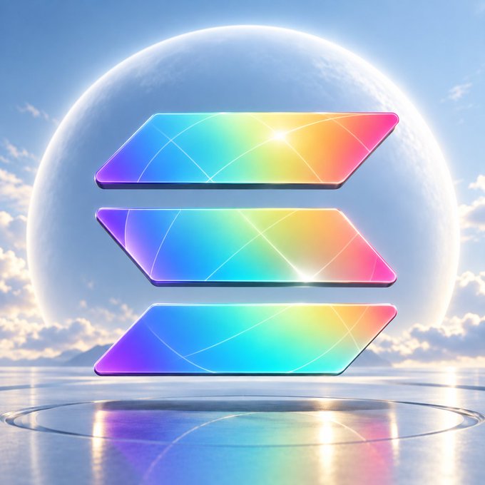 A glowing, iridescent Solana logo floats above a reflective surface against a celestial sky with a luminous orb in the background. The vibrant rainbow gradient and ethereal atmosphere visually reinforce the post's claim that "Solana is the world," presenting the blockchain as a radiant, all-encompassing presence.