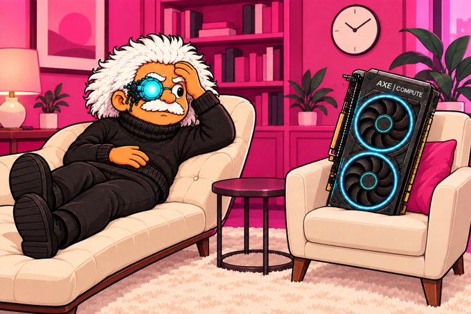 A cartoon-style illustration depicts an Einstein-like character with a glowing cybernetic eye lounging on a couch, with an AXE/COMPUTE branded graphics card displayed on an adjacent chair in a pink-hued room.