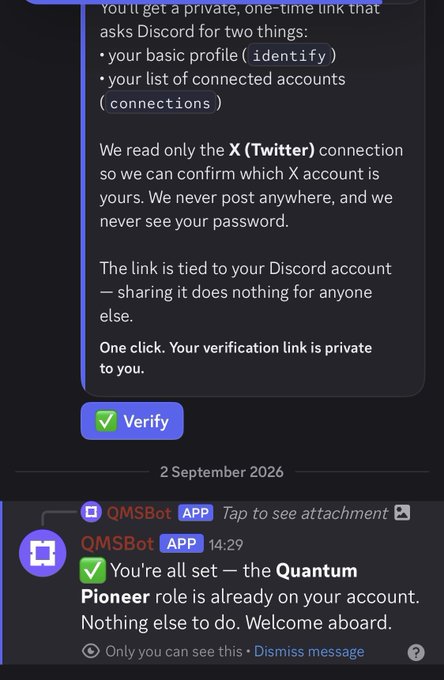 A Discord interface displaying verification instructions with a green 'Verify' button, followed by a QMSBot confirmation message granting the 'Quantum Pioneer' role.