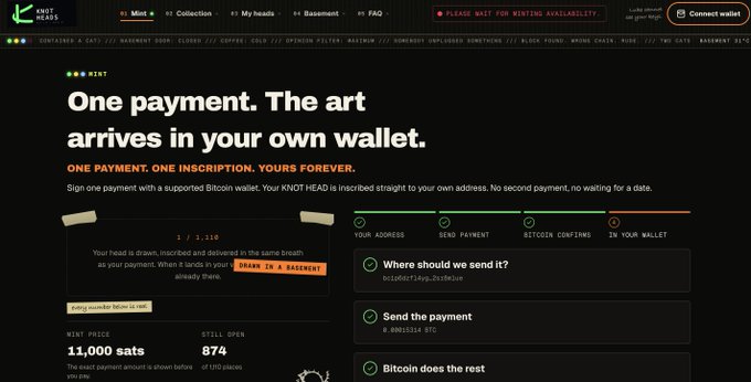 KNOT HEADS Bitcoin Ordinals website screenshot with the headline 'One payment. The art arrives in your own wallet.' showing mint details of 11,000 sats with 874 still open.