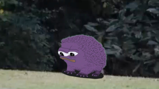 A sad purple animated hedgehog character standing in a field with bushes in the background.