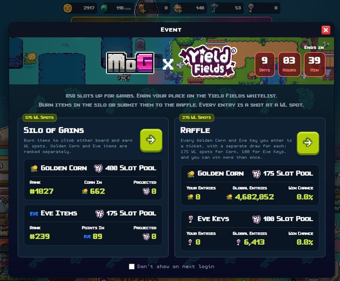 Screenshot of a gaming event interface titled 'MoG x Yield Fields' showing an 'Ends In 9 Days, 03 Hours, 39 Min' timer, with sections for 'SILO OF GRAINS' (175 WL Spots) and 'RAFFLE' (175 WL Spots) featuring Golden Corn and Eve Items pools with rank and win chance statistics.