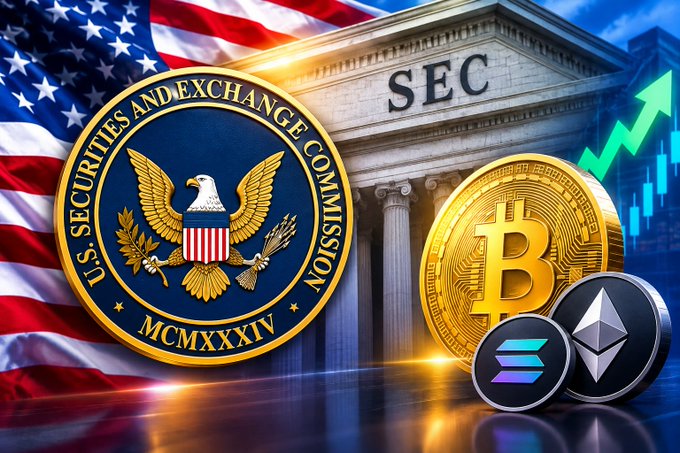 A composite graphic showing the SEC (Securities and Exchange Commission) seal, the SEC building with American flag, and gold Bitcoin, Solana, and Ethereum coins against a financial chart background.