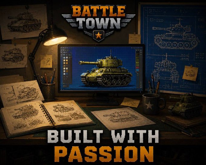 Promotional graphic for 'Battle Town' featuring a tank design on a computer monitor in a dimly lit workshop with sketches, captioned 'BUILD WITH PASSION'.