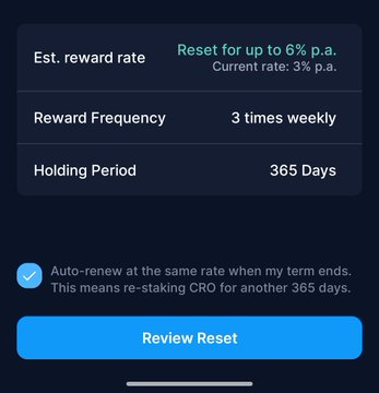 A mobile app screenshot displays staking details showing an estimated reward rate up to 6% p.a. (current rate 3% p.a.), reward frequency of 3 times weekly, and a holding period of 365 days, with a 'Review Reset' button.