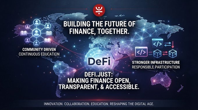 A promotional banner for DeFi.Just featuring a world map graphic with text reading "BUILDING THE FUTURE OF FINANCE, TOGETHER" and "DEFI.JUST: MAKING FINANCE OPEN, TRANSPARENT, & ACCESSIBLE," along with values like "COMMUNITY DRIVEN" and "STRONGER INFRASTRUCTURE".