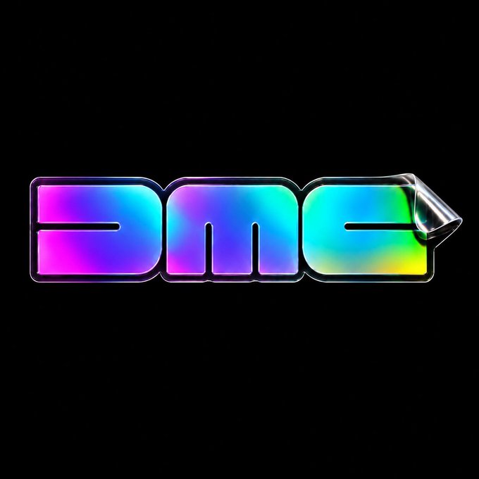 A retro-futuristic, chrome and holographic 'DMC' logo rendered in vibrant pink, cyan, and green neon colors against a black background.