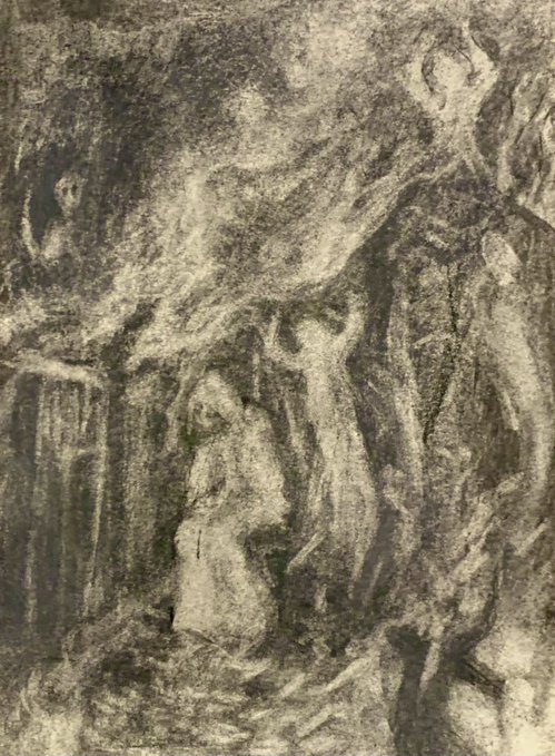 The image features a black and white sketch of a person standing in front of trees with a large tree trunk behind them. The sketch has a rough texture that gives it an artistic feel, and the artist's signature can be seen at the bottom right corner. The background is dark gray, which contrasts with the lighter elements in the foreground.